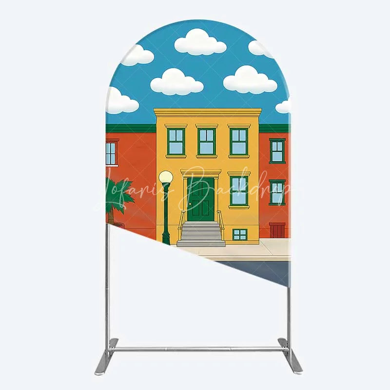 Lofaris Cartoon Street and House Arch Backdrop Neighborhood Building Photography Background