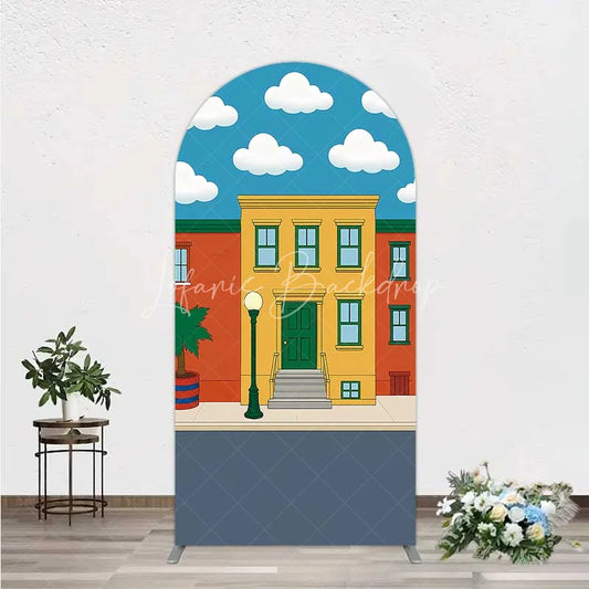 Lofaris Cartoon Street and House Arch Backdrop Neighborhood Building Photography Background