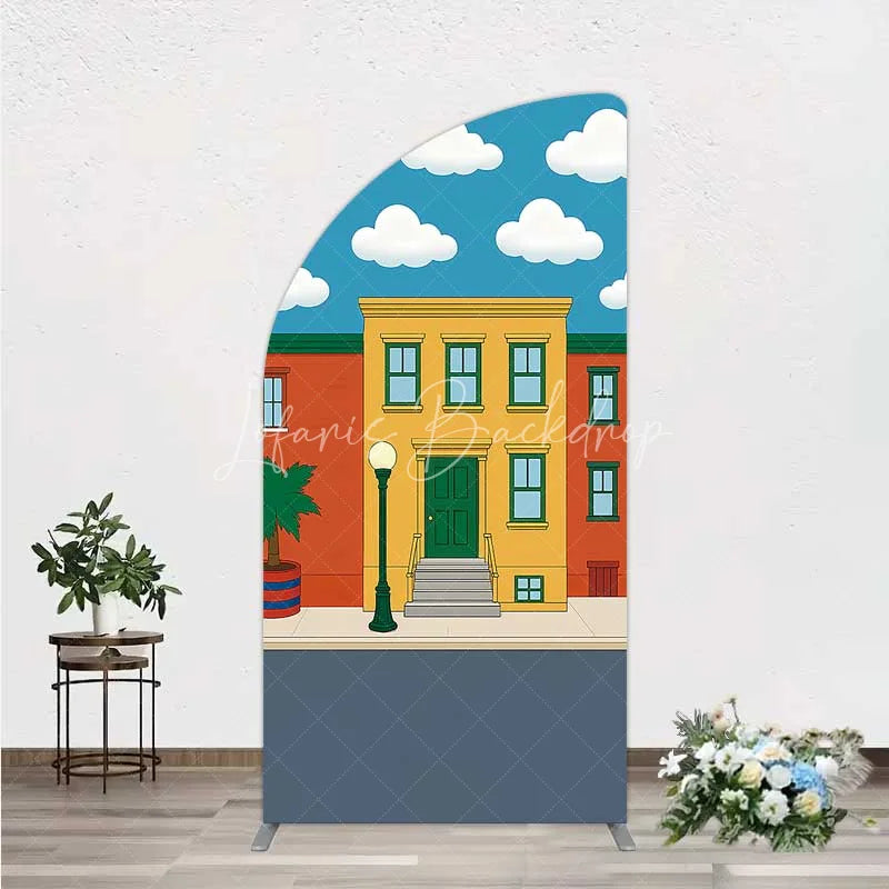Lofaris Cartoon Street and House Half Moon Arch Backdrop Neighborhood Building Photography Background