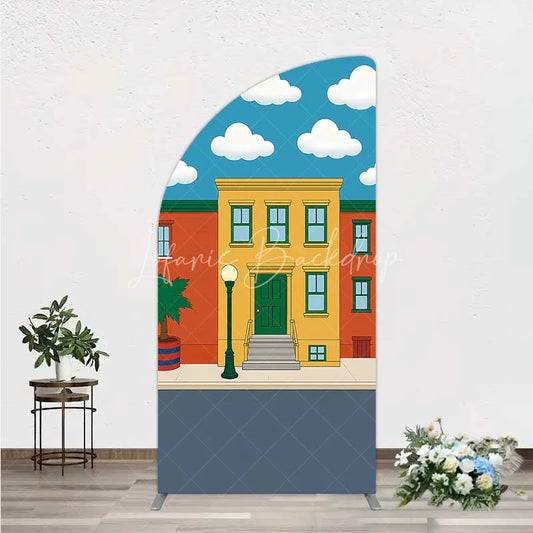 Lofaris Cartoon Street and House Half Moon Arch Backdrop Neighborhood Building Photography Background