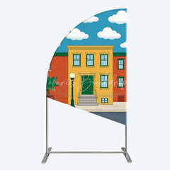 Lofaris Cartoon Street and House Half Moon Arch Backdrop Neighborhood Building Photography Background