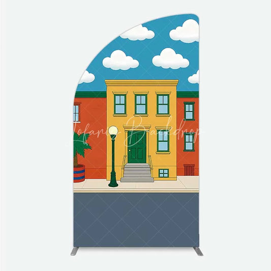 Lofaris Cartoon Street and House Half Moon Arch Backdrop Neighborhood Building Photography Background