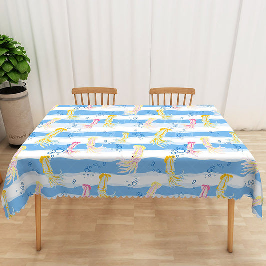 Lofaris Cartoon Summer Rectangle Tablecloth with Underwater Squid for Kids Ocean Themed Birthday Party Decor