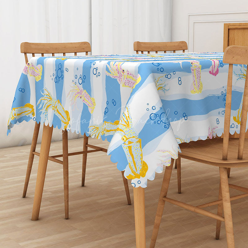 Lofaris Cartoon Summer Rectangle Tablecloth with Underwater Squid for Kids Ocean Themed Birthday Party Decor