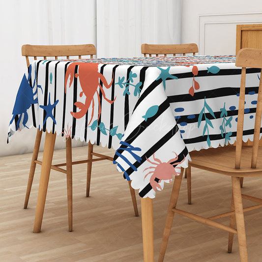 Lofaris Cartoon Under The Sea Rectangle Tablecloth with Stripes for Kids Ocean Themed Birthday Party Decorations