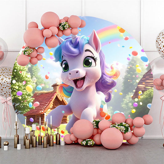 Lofaris Cartoon Unicorn Rainbow Dots Round Birthday Backdrop