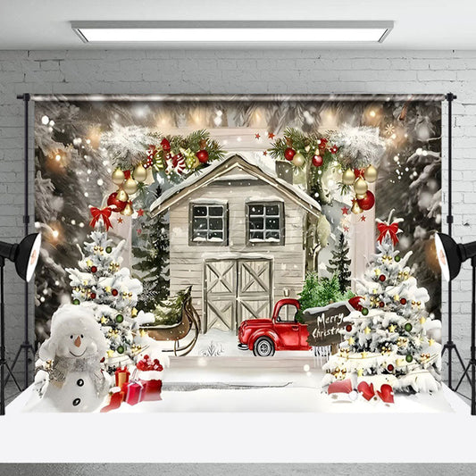 Lofaris Cartoon Wooden House Snowman Merry Christmas Backdrop