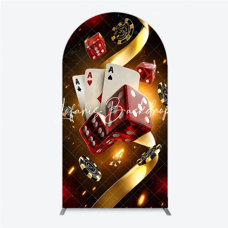 Lofaris Casino Las Vegas Theme Round Top Arch Backdrop Red Dice and Golden Poker Chips Birthday Party Decoration