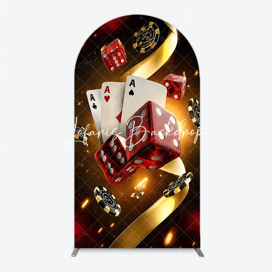 Lofaris Casino Las Vegas Theme Round Top Arch Backdrop Red Dice and Golden Poker Chips Birthday Party Decoration