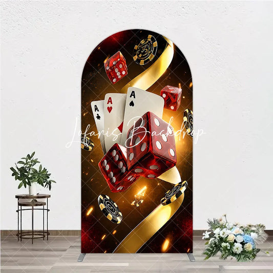 Lofaris Casino Las Vegas Theme Round Top Arch Backdrop Red Dice and Golden Poker Chips Birthday Party Decoration