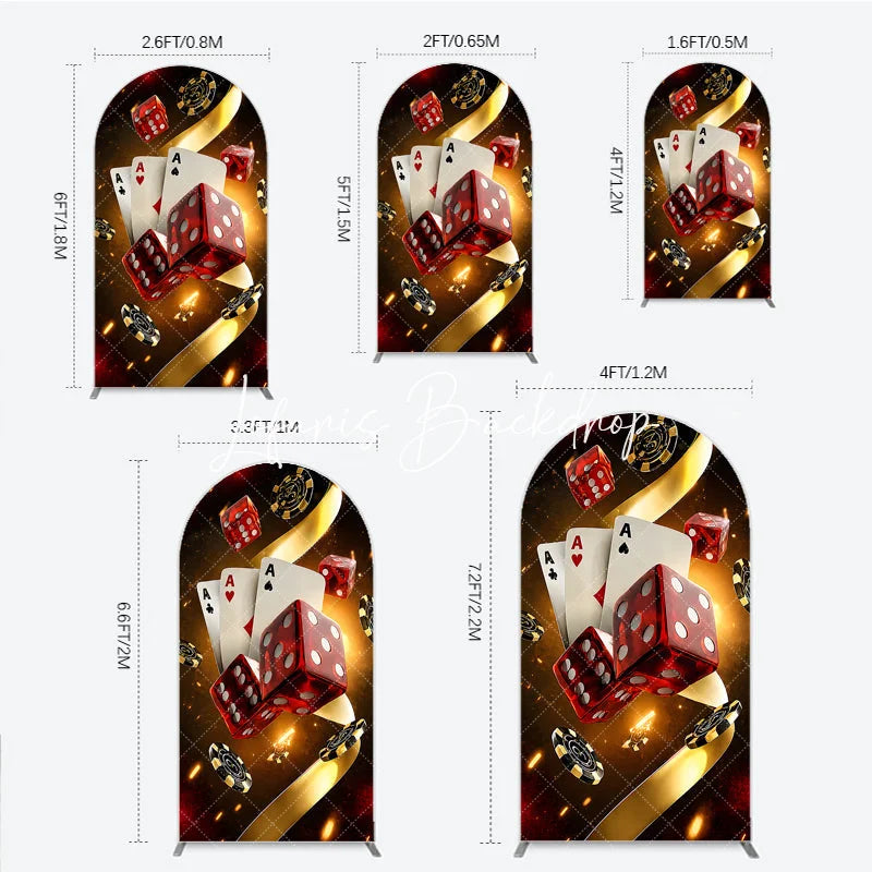 Lofaris Casino Las Vegas Theme Round Top Arch Backdrop Red Dice and Golden Poker Chips Birthday Party Decoration