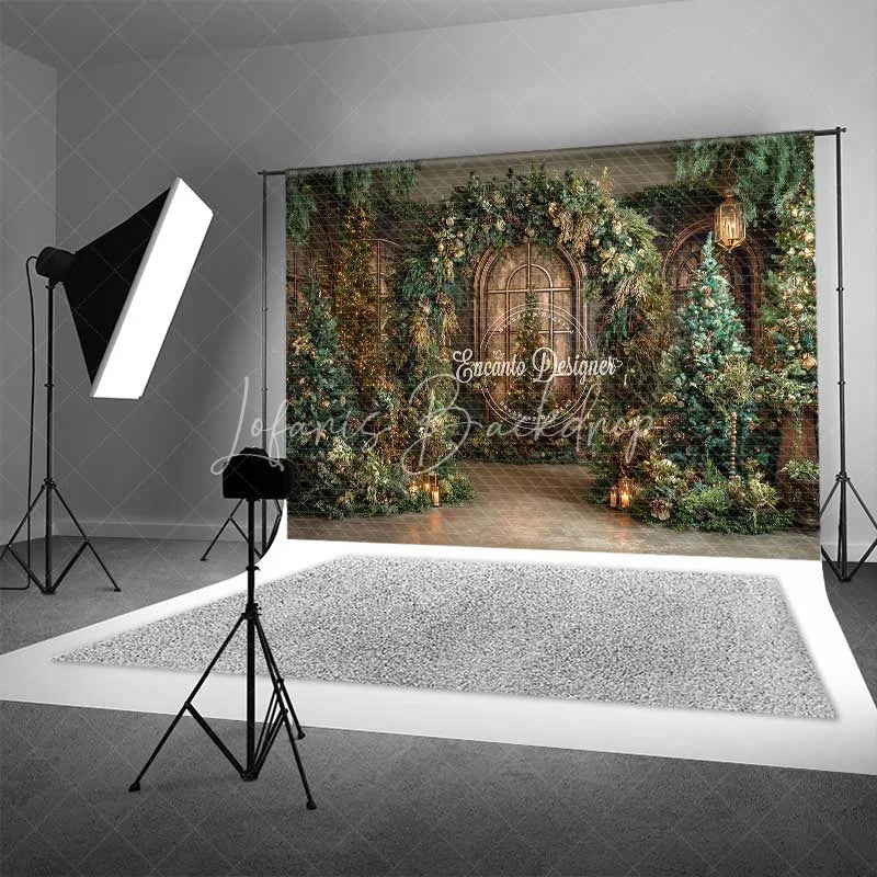 Lofaris Cathedral Window Christmas Backdrop Green Garland Gold Tree Photography Background