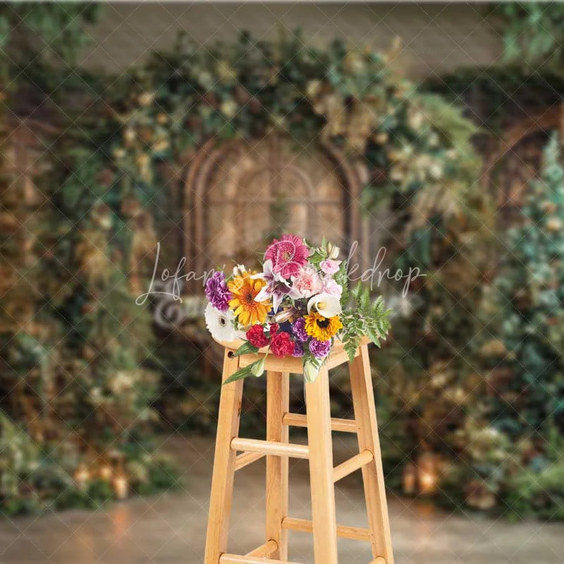 Lofaris Cathedral Window Christmas Backdrop Green Garland Gold Tree Photography Background