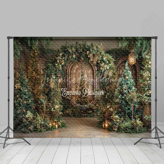 Lofaris Cathedral Window Christmas Backdrop Green Garland Gold Tree Photography Background