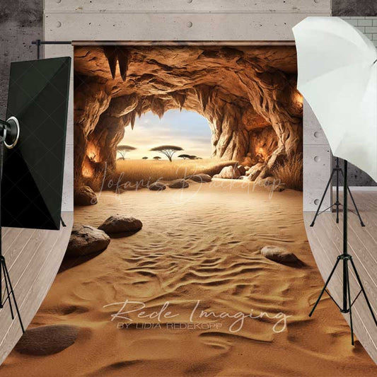 Lofaris Cave Entrance Sweep Photography Backdrop with Floor View of African Savanna Nature Scenery Acacia Trees Photo Prop