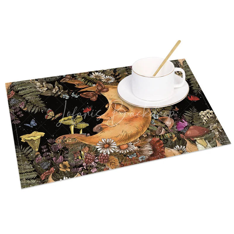 Lofaris Celestial Moon Sleeping Among Flowers Set of 4 Placemats for Whimsical and Dreamy Boho Kitchen Decor