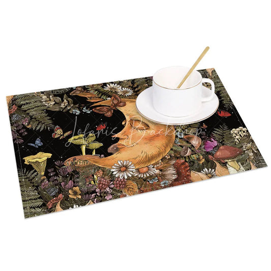 Lofaris Celestial Moon Sleeping Among Flowers Set of 4 Placemats for Whimsical and Dreamy Boho Kitchen Decor