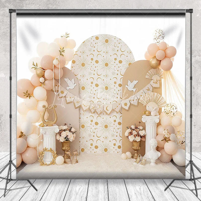 Lofaris Celestial Sun and Moon Arch Backdrop White Dove Greek Column for Birthday Party