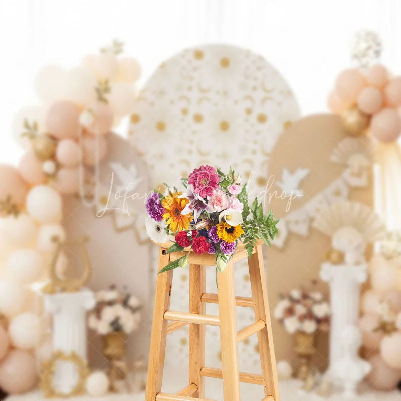 Lofaris Celestial Sun and Moon Arch Backdrop White Dove Greek Column for Birthday Party