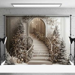 Lofaris Champagne Christmas Staircase Backdrop Frosted Pine Trees Elegant Arch Chandelier Photo Background