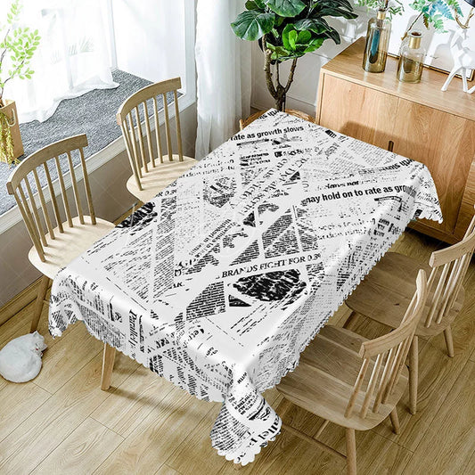 Lofaris Chaotic Black and White Newspaper Rectangle Tablecloth Abstract Text Pattern Modern Industrial Dining Decor