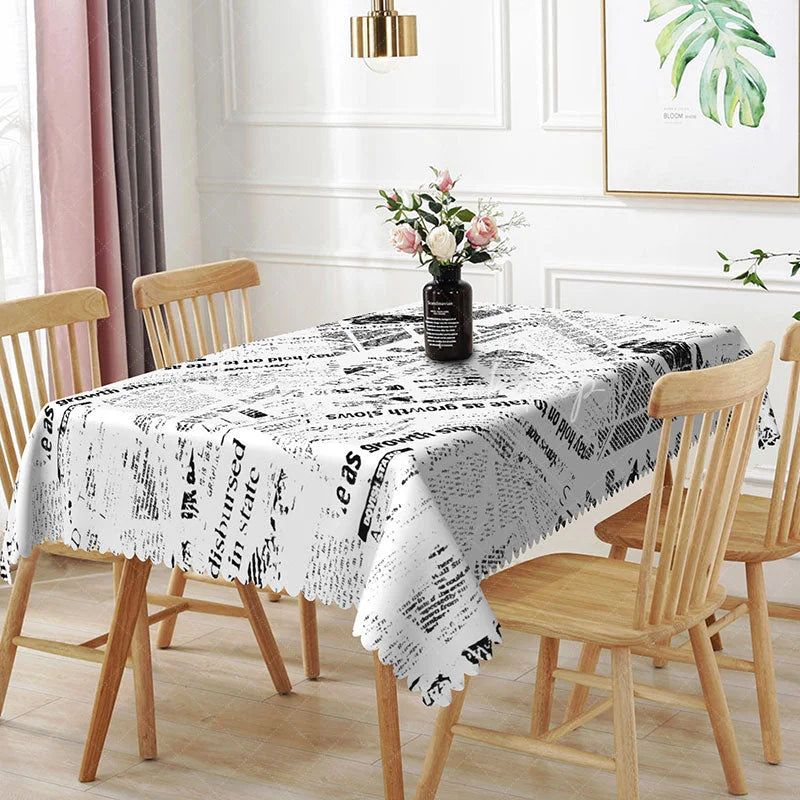 Lofaris Chaotic Black and White Newspaper Rectangle Tablecloth Abstract Text Pattern Modern Industrial Dining Decor