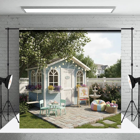 Lofaris Charming Blue Playhouse Garden Photography Backdrop Whimsical Outdoor Kids Play Area with Swing and Flowers