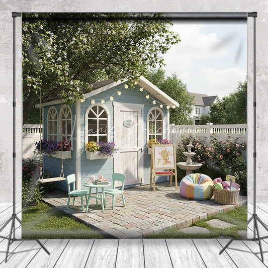 Lofaris Charming Blue Playhouse Garden Photography Backdrop Whimsical Outdoor Kids Play Area with Swing and Flowers