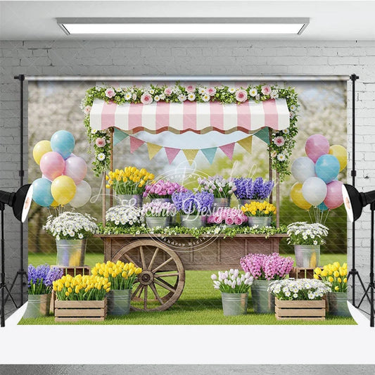 Lofaris Charming Flower Cart Photography Backdrop with Pink Striped Awning Tulips and Pastel Balloons for Spring Garden Party