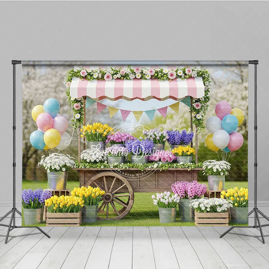 Lofaris Charming Flower Cart Photography Backdrop with Pink Striped Awning Tulips and Pastel Balloons for Spring Garden Party