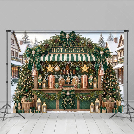 Lofaris Charming Green and Gold Hot Cocoa Holiday Backdrop Snowy Village Christmas Party Decor with Gingerbread Houses