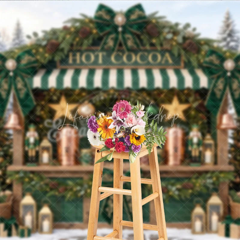 Lofaris Charming Green and Gold Hot Cocoa Holiday Backdrop Snowy Village Christmas Party Decor with Gingerbread Houses