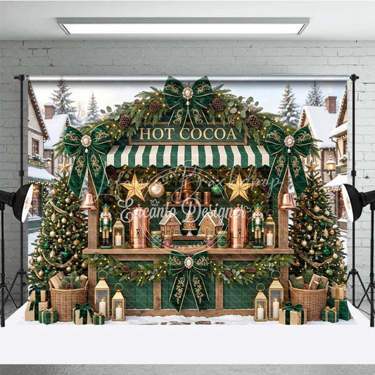 Lofaris Charming Green and Gold Hot Cocoa Holiday Backdrop Snowy Village Christmas Party Decor with Gingerbread Houses