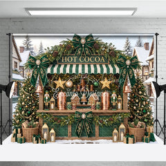 Lofaris Charming Green and Gold Hot Cocoa Holiday Backdrop Snowy Village Christmas Party Decor with Gingerbread Houses