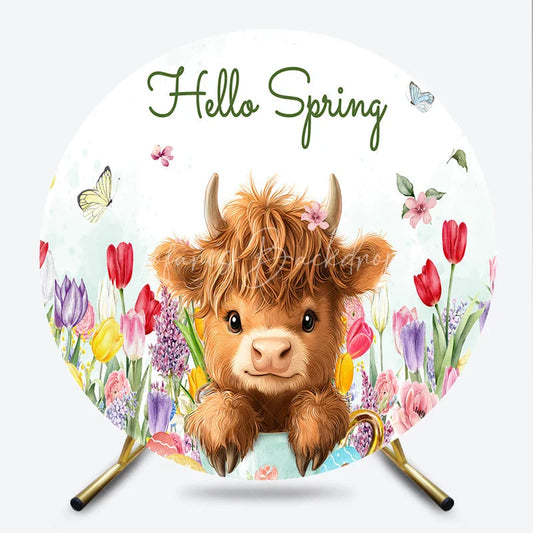 Lofaris Charming Hello Spring Fluffy Highland Cow Round Backdrop Colorful Tulips and Easter Eggs with Baby Chick