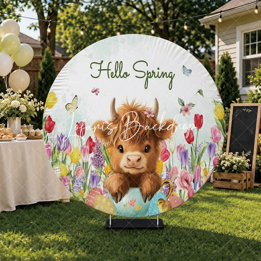 Lofaris Charming Hello Spring Fluffy Highland Cow Round Backdrop Colorful Tulips and Easter Eggs with Baby Chick