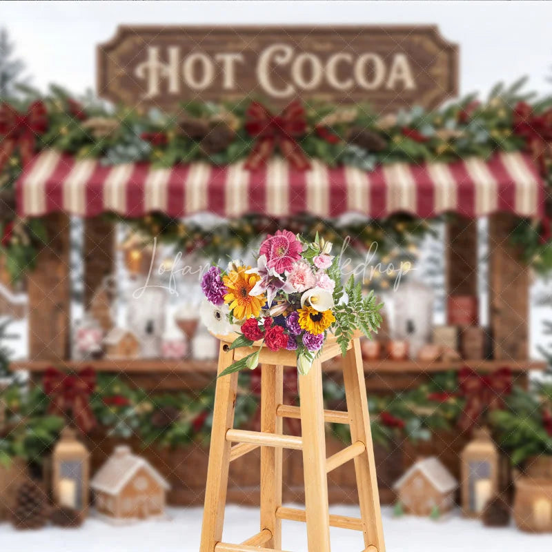 Lofaris Charming Hot Cocoa Stand Holiday Backdrop with Snowy Winter Scene Gingerbread Houses and Christmas Decor
