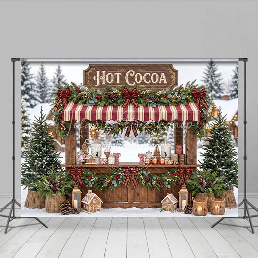 Lofaris Charming Hot Cocoa Stand Holiday Backdrop with Snowy Winter Scene Gingerbread Houses and Christmas Decor