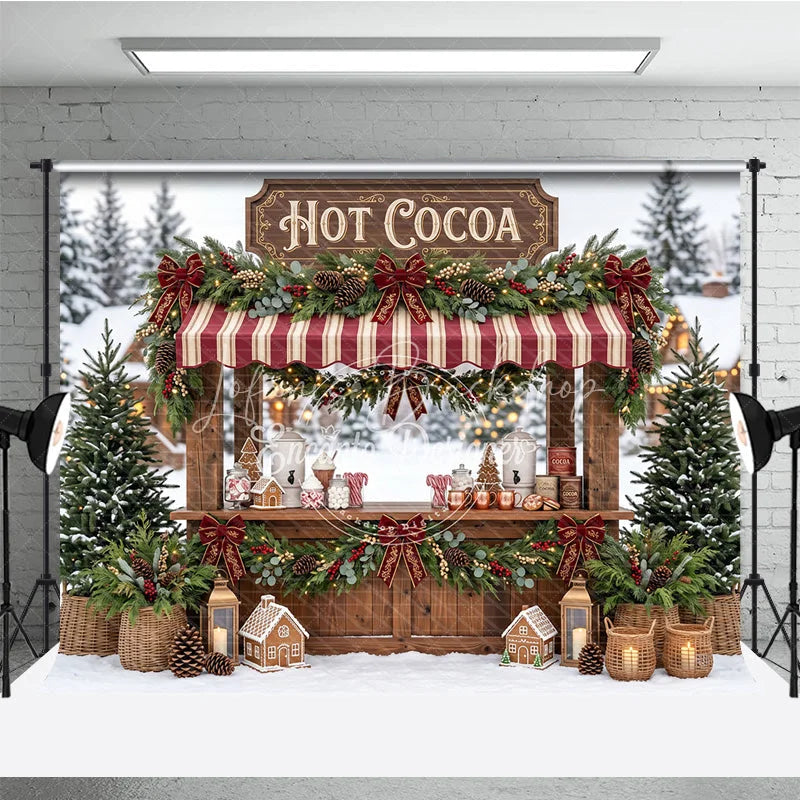 Lofaris Charming Hot Cocoa Stand Holiday Backdrop with Snowy Winter Scene Gingerbread Houses and Christmas Decor