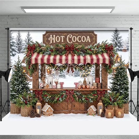 Lofaris Charming Hot Cocoa Stand Holiday Backdrop with Snowy Winter Scene Gingerbread Houses and Christmas Decor
