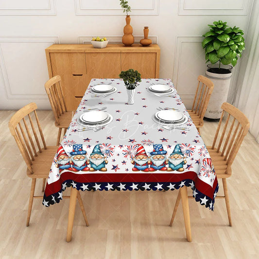 Lofaris Charming Patriotic Gnome and Fireworks Rectangle Tablecloth Red White Blue 4th of July Decor