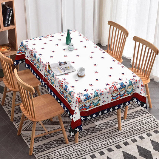 Lofaris Charming Patriotic Gnome and Fireworks Rectangle Tablecloth Red White Blue 4th of July Decor
