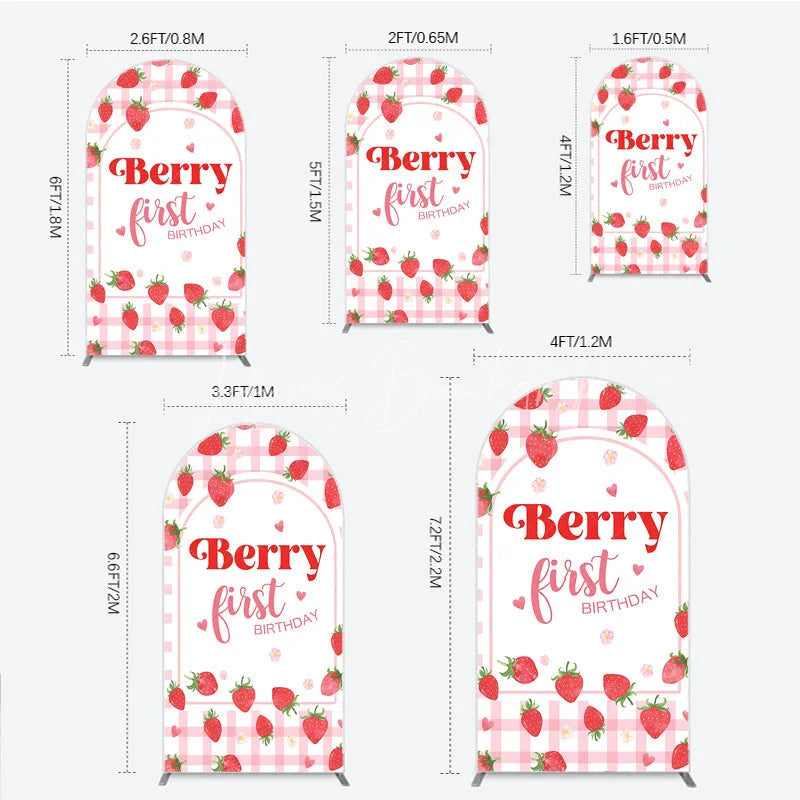 Lofaris Charming Pink Gingham Strawberry Berry First Birthday Round Top Arch Backdrop Sweet Party Decor