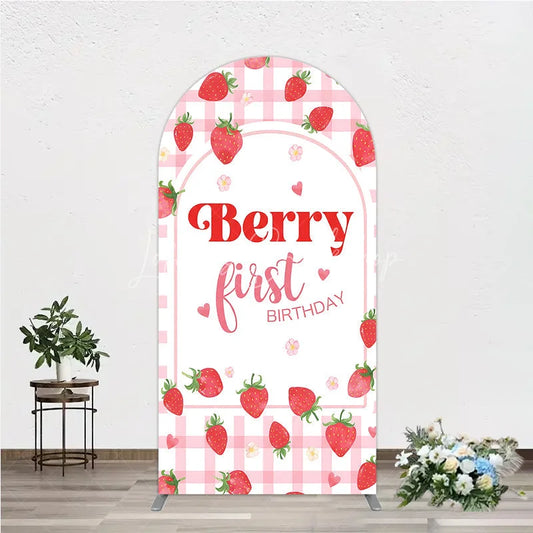 Lofaris Charming Pink Gingham Strawberry Berry First Birthday Round Top Arch Backdrop Sweet Party Decor