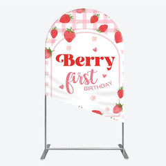 Lofaris Charming Pink Gingham Strawberry Berry First Birthday Round Top Arch Backdrop Sweet Party Decor