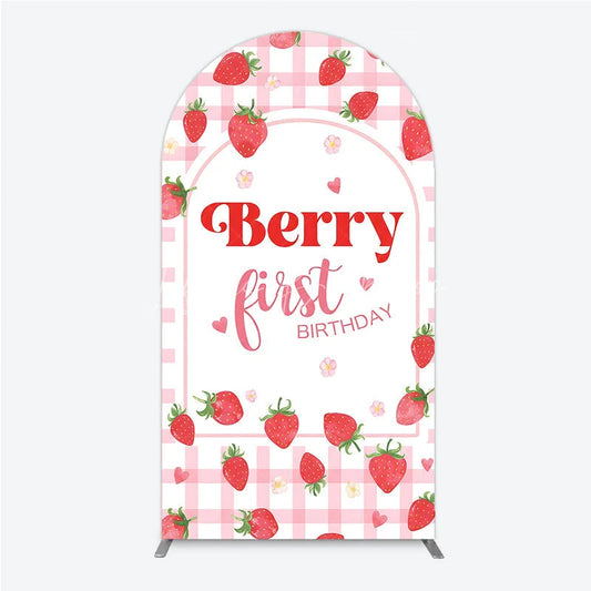 Lofaris Charming Pink Gingham Strawberry Berry First Birthday Round Top Arch Backdrop Sweet Party Decor