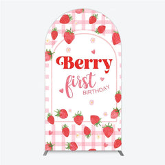 Lofaris Charming Pink Gingham Strawberry Berry First Birthday Round Top Arch Backdrop Sweet Party Decor