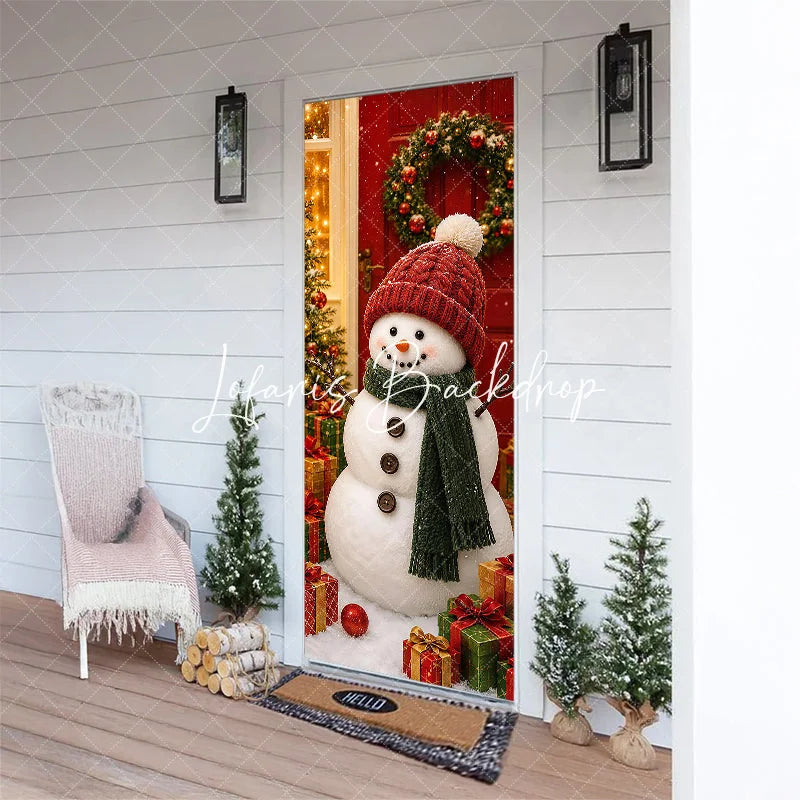 Lofaris Charming Snowman with Red Knitted Hat and Green Scarf Christmas Door Cover Winter Holiday Party Decoration