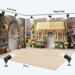 Lofaris Charming Spring Easter Room Set Backdrop with Yellow Striped Awning Colorful Flowers and Eggs for Photography