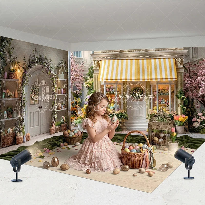 Lofaris Charming Spring Easter Room Set Backdrop with Yellow Striped Awning Colorful Flowers and Eggs for Photography
